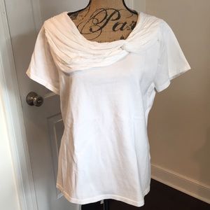 White stretchy boatneck top w draped neckline